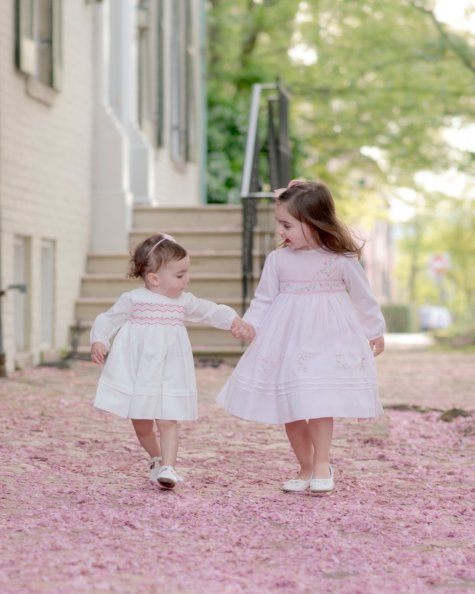 Sisters on a carpet of cherry blossoms in old town alexandria