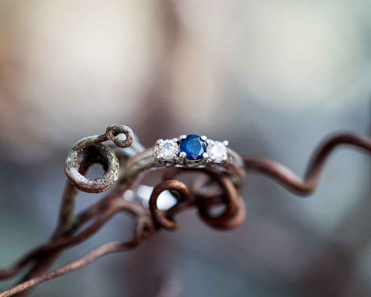 Sapphire Engagement Ring during winter engagement session at Great Falls, Maryland